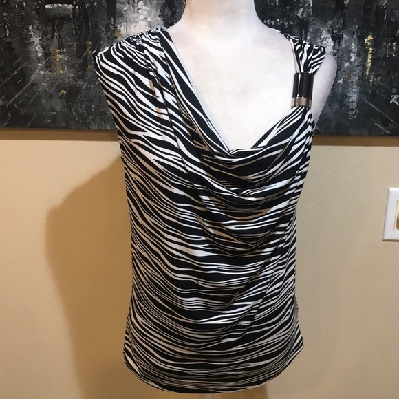 Michael Kors B&W Zebra Sleeveless Cinched Shoulder Draped Neckline Top-Size S - Picture 1 of 8
